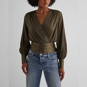 Satin Balloon Sleeve Faux Wrap Top